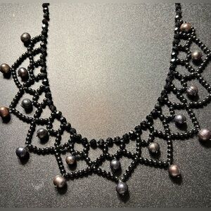 Gothic Victorian Inspired Black Lace Bead Faux Pearl Choker Necklace